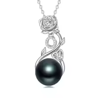 TOUPOP Sterling Silver Black Pearl Rose Letter Pendant Necklace-style_name:Rose Letter O