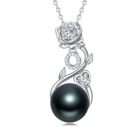 wholesale Rose Black Pearl Necklace Sterling Silver Black Pearl Rose Initial A To Z Letter Pendant Necklace Anniversary Jewelry Christmas Valentine Birthday Gifts For Women Wife Her Mom -style_name:Rose Letter O