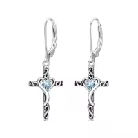 TOUPOP Sterling Silver Birthstone Heart Cross Dangle Drop Earrings-color_name:03-March-Aquamarine