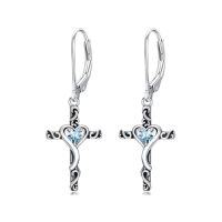wholesale TOUPOP Birthstone Cross Earrings 925 Sterling Silver Heart Cross Dangle Drop Earrings Fine Jewelry Birthday Christmas Gifts For Women Her Girlfriend -color_name:03-March-Aquamarine