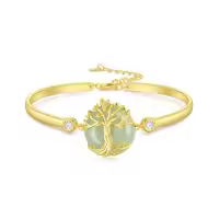 TOUPOP 14K Gold Plated Sterling Silver Jade Bracelet Tree Of Life Lotus Cat Hummingbird Dragonfly Bee Butterfly Jewelry Gift-style_name:Tree of Life