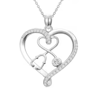 TOUPOP 925 Sterling Silver Heart Stethoscope Necklace Nurse Jewelry Gift-color_name:1-White Gold