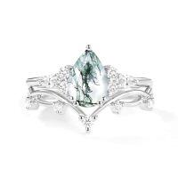 wholesale TOUPOP Natural Moss Agate Moissanite Wedding Ring Set For Women Pear Shaped Natural Moss Agate Ring Bridal Set 925 Sterling Silver 10k 14k 18k Solid Gold Engraved Egagement Anniversary Ring For Wife -style_name:E Moss Agate Moissanite Ring