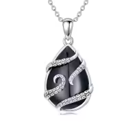 TOUPOP Sterling Silver Onyx Hummingbird Dragonfly Butterfly Snake Octopus Pendant Necklace-style_name:Black Onyx-Octopus