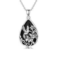 TOUPOP Sterling Silver Onyx Hummingbird Dragonfly Butterfly Snake Octopus Pendant Necklace-style_name:Black Onyx-Hummingbird