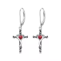 TOUPOP Sterling Silver Birthstone Heart Cross Dangle Drop Earrings-color_name:01-January-Garnet