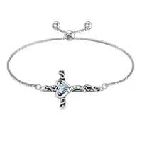 TOUPOP 925 Sterling Silver Birthstone Cross Heart Bracelet For Women-color_name:03-March-Aquamarine