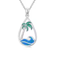 TOUPOP Sterling Silver Blue Opal Ocean Wave Teardrop Necklace-style_name:Palm Tree