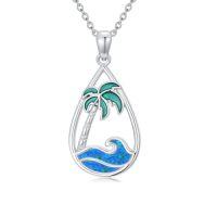 wholesale Palm Tree/sea Turtle/dolphin/flamingo Necklace 925 Sterling Silver Teardrop Ocean Necklace Blue Opal Wave Jewelry Summer Christmas Gifts For Women Her -style_name:Palm Tree
