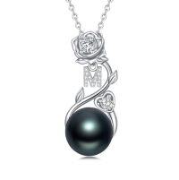 wholesale Rose Black Pearl Necklace Sterling Silver Black Pearl Rose Initial A To Z Letter Pendant Necklace Anniversary Jewelry Christmas Valentine Birthday Gifts For Women Wife Her Mom -style_name:Rose Letter M