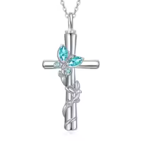 TOUPOP White Gold Plated S925 Sterling Silver with Birthstone Butterfly Urn Necklace for Ashes-color_name:Butterfly Cross Urn-Dec