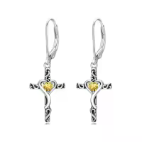 TOUPOP Sterling Silver Birthstone Heart Cross Dangle Drop Earrings-color_name:11-November-Citrine