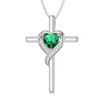 TOUPOP Sterling Silver Birthstone Cross Necklace Heart Pendant Gift for Women-color_name:05-Emerald-May.