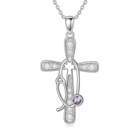 TOUPOP Sterling Silver Birthstone Cross Stethoscope Nursing Necklace Pendant-style_name:2-Feb-Amethyst