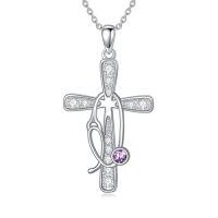 wholesale Birthstone Cross Stethoscope Necklace 925 Sterling Silver Nursing Necklace Pendant Nurse Jewelry Birthday Graduation Christmas Gifts For Women -style_name:2-Feb-Amethyst