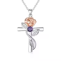 TOUPOP Sterling Silver Birthstone Birth Flower Cross Necklace-style_name:6-June-Rose