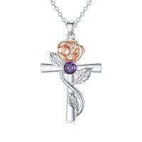 wholesale TOUPOP Cross Birthstone Necklace 925 Sterling Silver Birth Flower Necklace Cross Month Flower Jewelry Birthday Christmas Gifts For Women Her -style_name:6-June-Rose