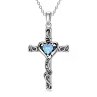 TOUPOP Sterling Silver Birthstone Heart Cross Pendant Necklace For Women-color_name:03-Aquamarine-March