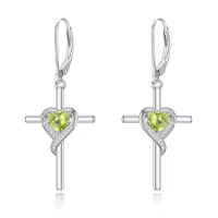 TOUPOP Sterling Silver Birthstone Heart Cross Drop Dangle Earrings-color_name:08-Peridot-Aug.