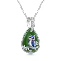 TOUPOP Sterling Silver Jade Hummingbird Dragonfly Butterfly Bee Cat Cardinal Owl Fox Sloth Necklace-style_name:Owl-White Gold