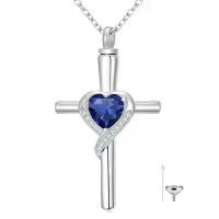 TOUPOP Sterling Silver Crystal Cross Urn Necklace Memorial Keepsake Jewelry-color_name:09-September-Sapphire
