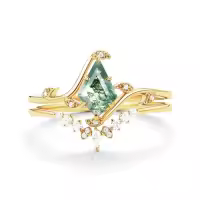 TOUPOP 10k 14k Gold Natural Moss Agate & Moissanite Women's Bridal Ring Set-style_name:B Moss Agate Gold Ring
