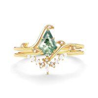 wholesale TOUPOP Natural Moss Agate Wedding Ring Set For Women 10k 14k 14k Solid Gold Moissanite Bridal Ring Set Engagement Ring Set Anniversary Natural Moss Agate Promise Rings For Her -style_name:B Moss Agate Gold Ring