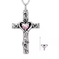 TOUPOP Sterling Silver Birthstone Cross Urn Necklace for Ashes with Filler-color_name:10-October-Pink Tourmaline