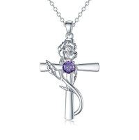 wholesale TOUPOP Cross Birthstone Necklace 925 Sterling Silver Birth Flower Necklace Cross Month Flower Jewelry Birthday Christmas Gifts For Women Her -style_name:2-February-Violet