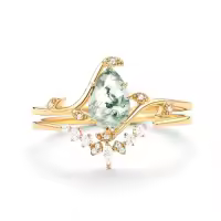 TOUPOP 10K 14K 18K Gold Natural Moss Agate Moissanite Pear Ring Set-style_name:E Moss Agate Gold Ring