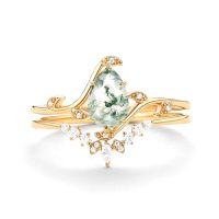 wholesale TOUPOP Natural Moss Agate Moissanite Wedding Ring Set For Women Pear Shaped Natural Moss Agate Ring Bridal Set 10k 14k 18k Solid Gold Engraved Egagement Anniversary Ring For Wife -style_name:E Moss Agate Gold Ring