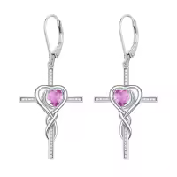 TOUPOP 925 Sterling Silver Birthstone Cross Heart Drop Earrings-color_name:10-October-Pink Tourmaline
