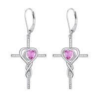 wholesale TOUPOP Birthstone Cross Earrings 925 Sterling Silver Heart Cross Drop Earrings Love Infinity Jewelry Birthday Christmas Gifts For Women Her Girlfriend Wife -color_name:10-October-Pink Tourmaline