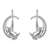 TOUPOP Sterling Silver Moon Animals Dangle Drop Hoop Earrings For Women-style_name:04-Leverback-Cat