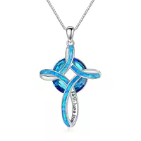 TOUPOP Sterling Silver Blue White Opal Celtic Cross Pendant Necklace-color_name:Blue opal celtic cross crystal necklace