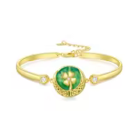 TOUPOP 14K Gold Plated Sterling Silver Jade Bracelet Tree Of Life Lotus Cat Hummingbird Dragonfly Bee Butterfly Jewelry Gift-style_name:Clover