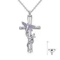 TOUPOP White Gold Plated S925 Sterling Silver with Birthstone Dragonfly Urn Necklace for Ashes-color_name:Dragonfly Cross Urn-Jnu