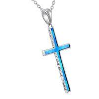 wholesale Cross Necklace 925 Sterling Silver Philippians 4:13 Cross Pendant I Can Do All The Things Inspirational Bible Verse Jewelry Gifts For Women -color_name:Blue Opal