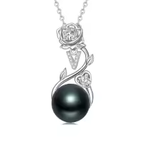 TOUPOP Sterling Silver Black Pearl Rose Letter Pendant Necklace-style_name:Rose Letter V