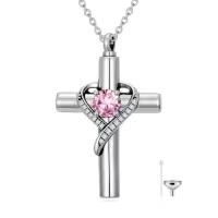 TOUPOP Sterling Silver Birthstone Cross Urn Necklace For Ashes Memorial Keepsake-color_name:10-October-Pink Tourmaline