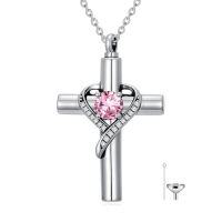 wholesale TOUPOP Cross Urn Necklaces For Ashes Birthstone Cremation Jewelry 925 Sterling Silver Heart Cross Memorial Keepsake Funeral Jewelry For Women (with Funnel Filler) -color_name:10-October-Pink Tourmaline