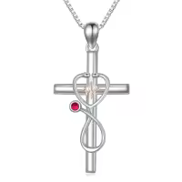 TOUPOP Sterling Silver Birthstone Stethoscope Cross Necklace for Nurse-color_name:07-July-Ruby