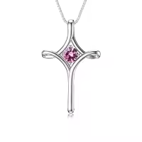 TOUPOP Sterling Silver Birthstone Cross Necklace For Women Fine Jewelry Gifts-color_name:10-Pink Tourmaline-October