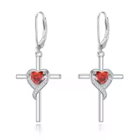 TOUPOP Sterling Silver Birthstone Heart Cross Drop Dangle Earrings-color_name:07-Ruby-Jul.