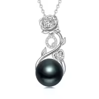 TOUPOP Sterling Silver Black Pearl Rose Letter Pendant Necklace-style_name:Rose Letter Q