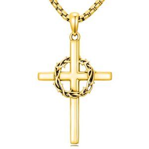 2-Crown of Thorns Cross Necklace-Gold