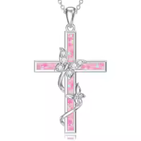 TOUPOP Sterling Silver Pink Opal Butterfly Cross Pendant Necklace Jewelry Christmas Valentine Mothers Day Birthday Gifts for Women Girls Her Wife-color_name:Created Pink Opal