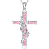 wholesale TOUPOP Cross Necklace For Women 925 Sterling Silver Butterfly Pendant Necklace Blue/white/purple/pink Opal Jewelry Gifts For Women Her Wife Girlfriend Birthday Christmas Gifts Ideas -color_name:Created Pink Opal