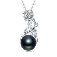 wholesale Rose Black Pearl Necklace Sterling Silver Black Pearl Rose Initial A To Z Letter Pendant Necklace Anniversary Jewelry Christmas Valentine Birthday Gifts For Women Wife Her Mom -style_name:Rose Letter S