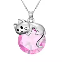 TOUPOP Sterling Silver Cat Birthstone Pendant Necklace Gift for Women-color_name:10-October-Pink Tourmaline